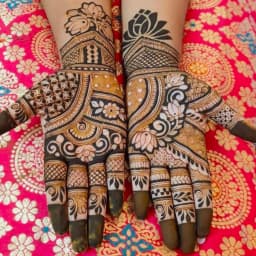Intricate 3D bridal mehndi design covering both hands with floral and paisley artwork