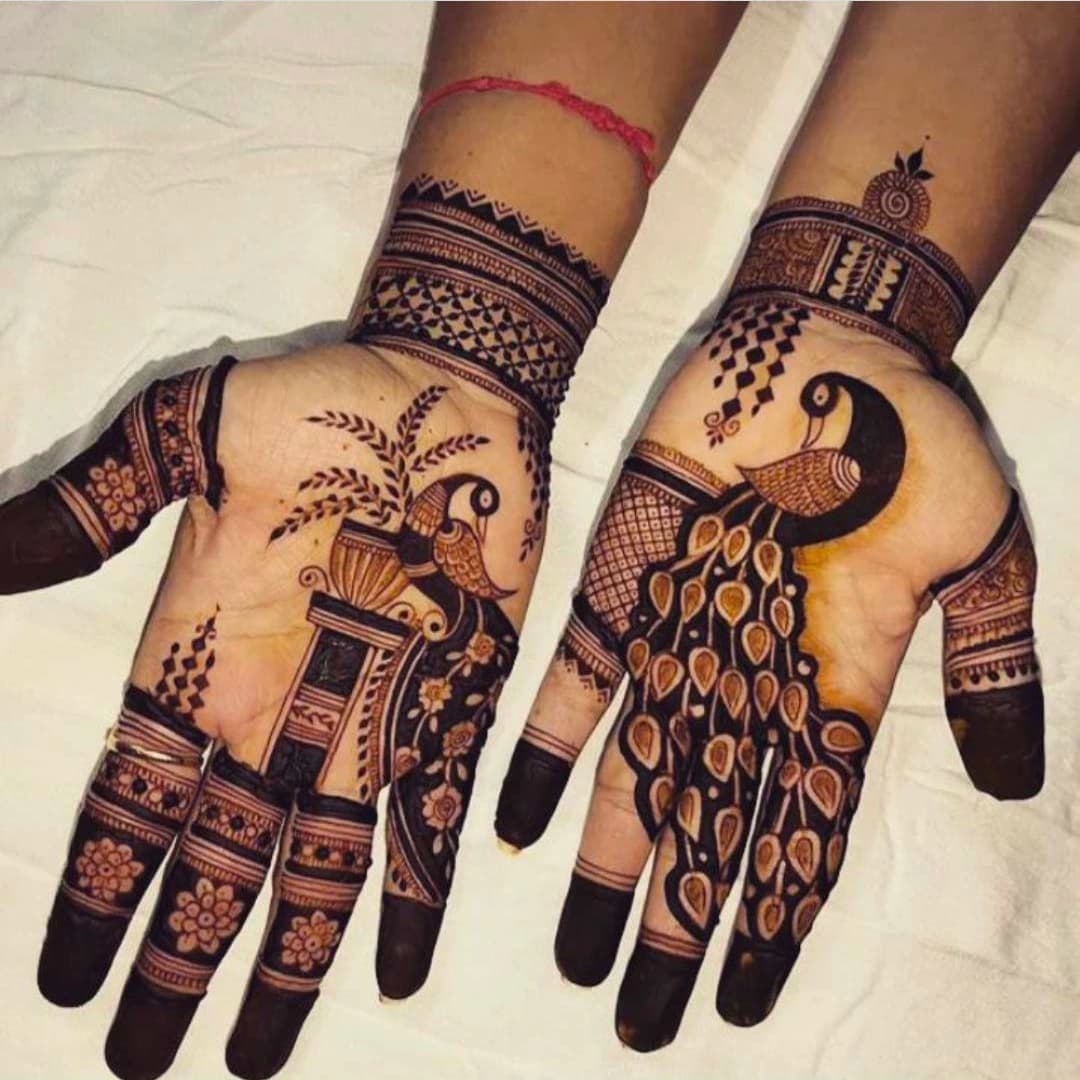 Elegant 3D bridal mehndi featuring personalized wedding motifs on both palms