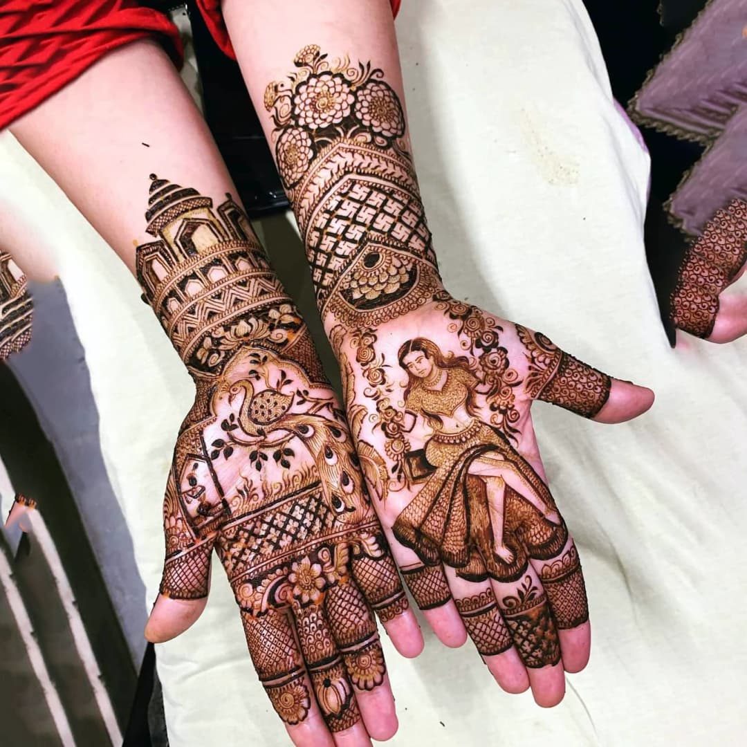 Modern engagement mehndi with delicate floral trails and elegant patterns